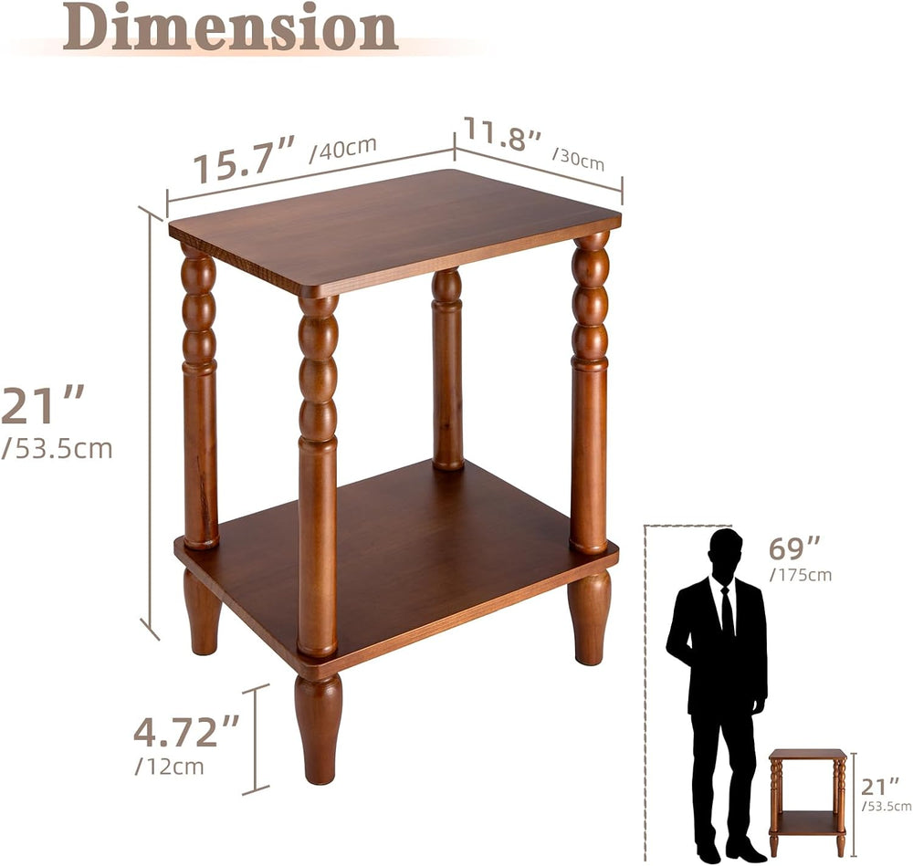 Solid Wood End Table with Storage Shelf, 2-Tier Small Side Table with Vintage...