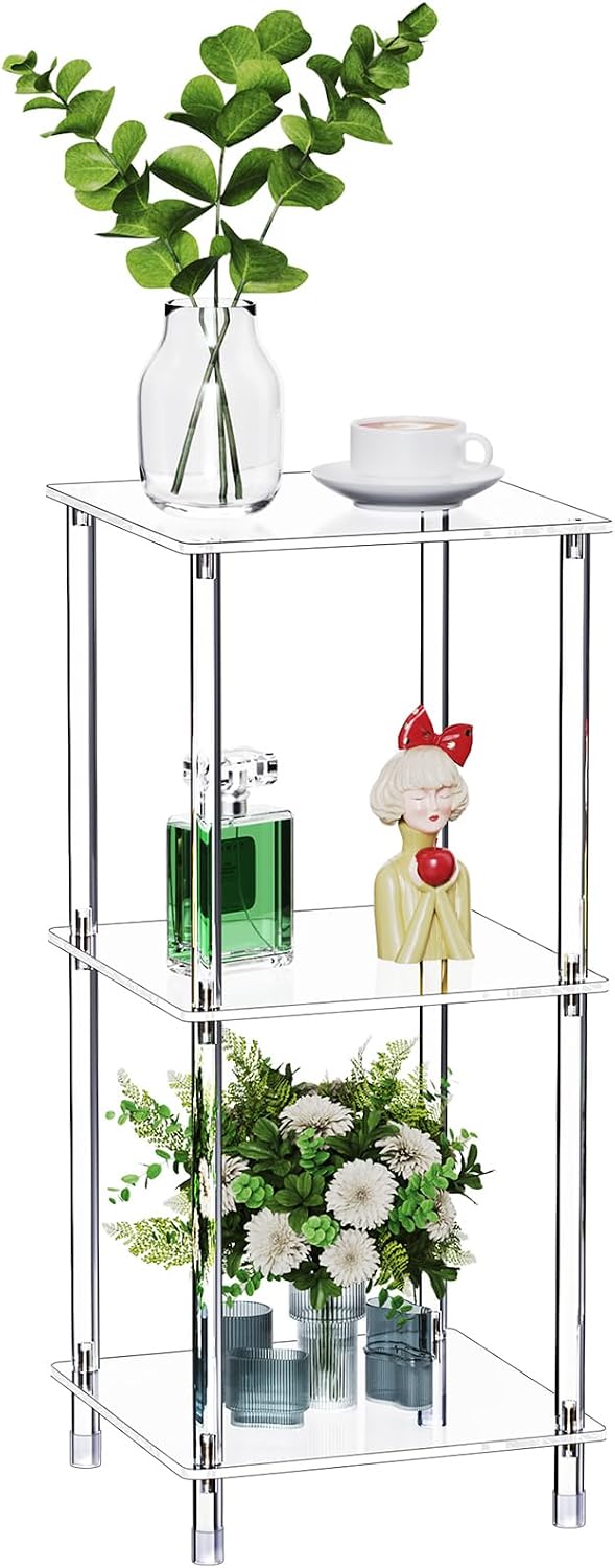 Clear Acrylic Side Table, 11.81" L x 11.81" W x 26.7" H, 3-Tie...