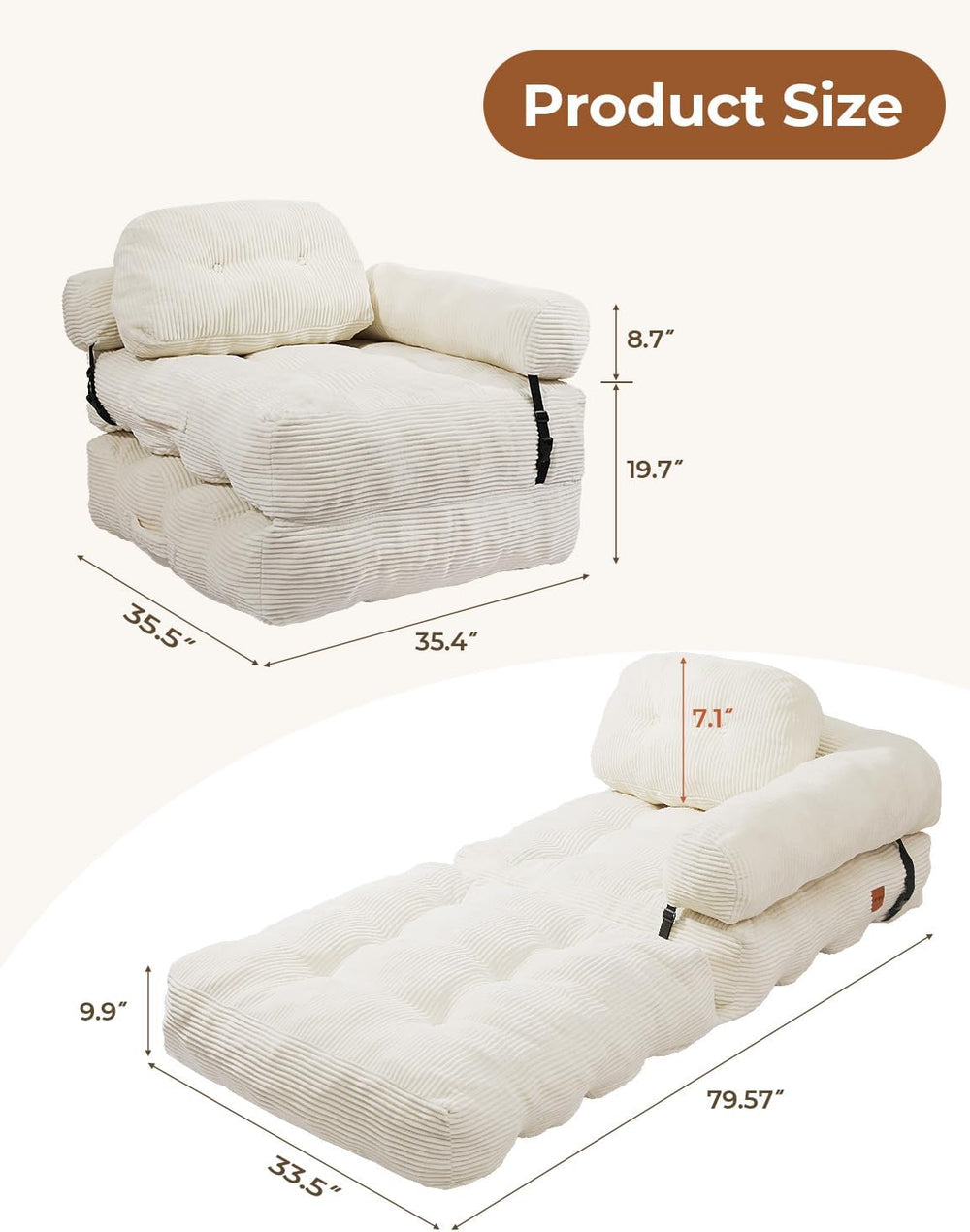 Folding Sofa Bed, L-Shaped Couch Back Support and Arm Pillow Futon | Converti...