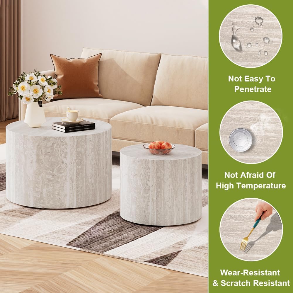 18 inch Round Travertine Nesting Coffee Table Set of 2, Terrazzo | Travertine...