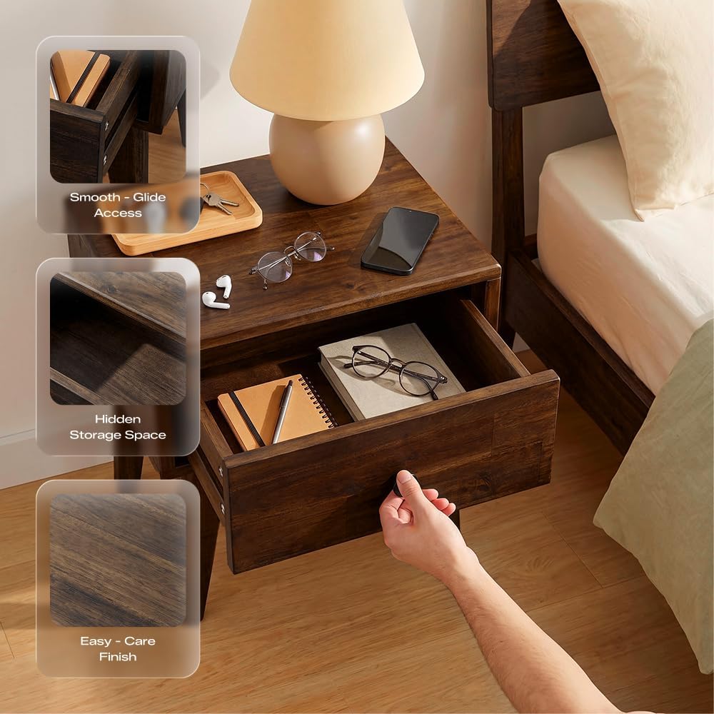 Acacia Sofia Nightstand with Drawer, Bedside Table, Solid Wood Bedside End Ta...