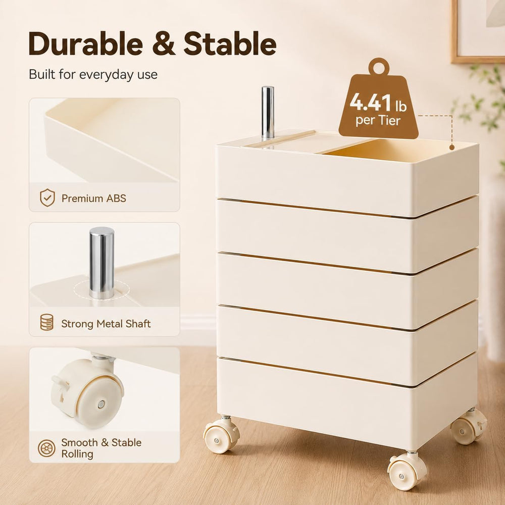5-Tier Rotating Storage Cabinet with Wheels, 360° Swivel Rolling Organizer Ca...
