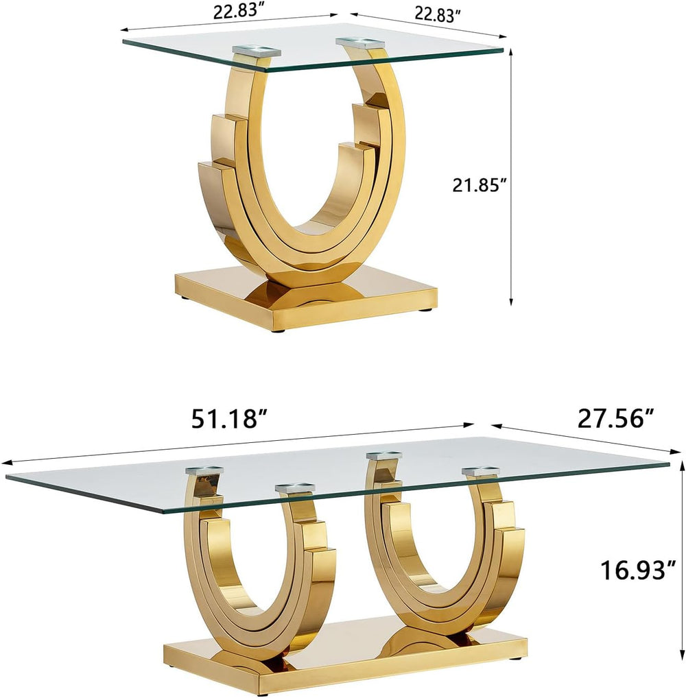 3-Piece Living Room Table Set, 51'' Modern Glass Coffee Table Set of ...