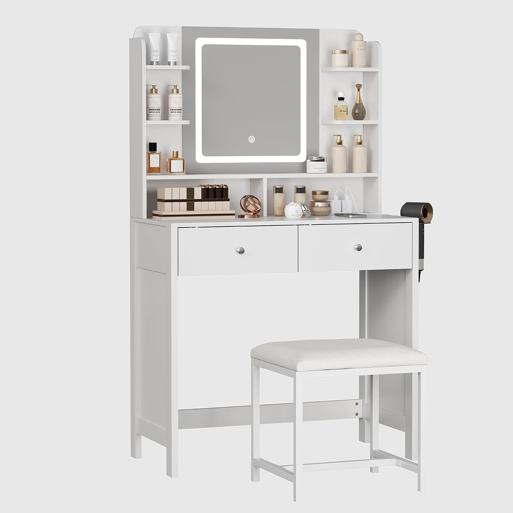 Vanity Desk with Lighted Mirror, Stool and Large Storage Space | Small Vanity...