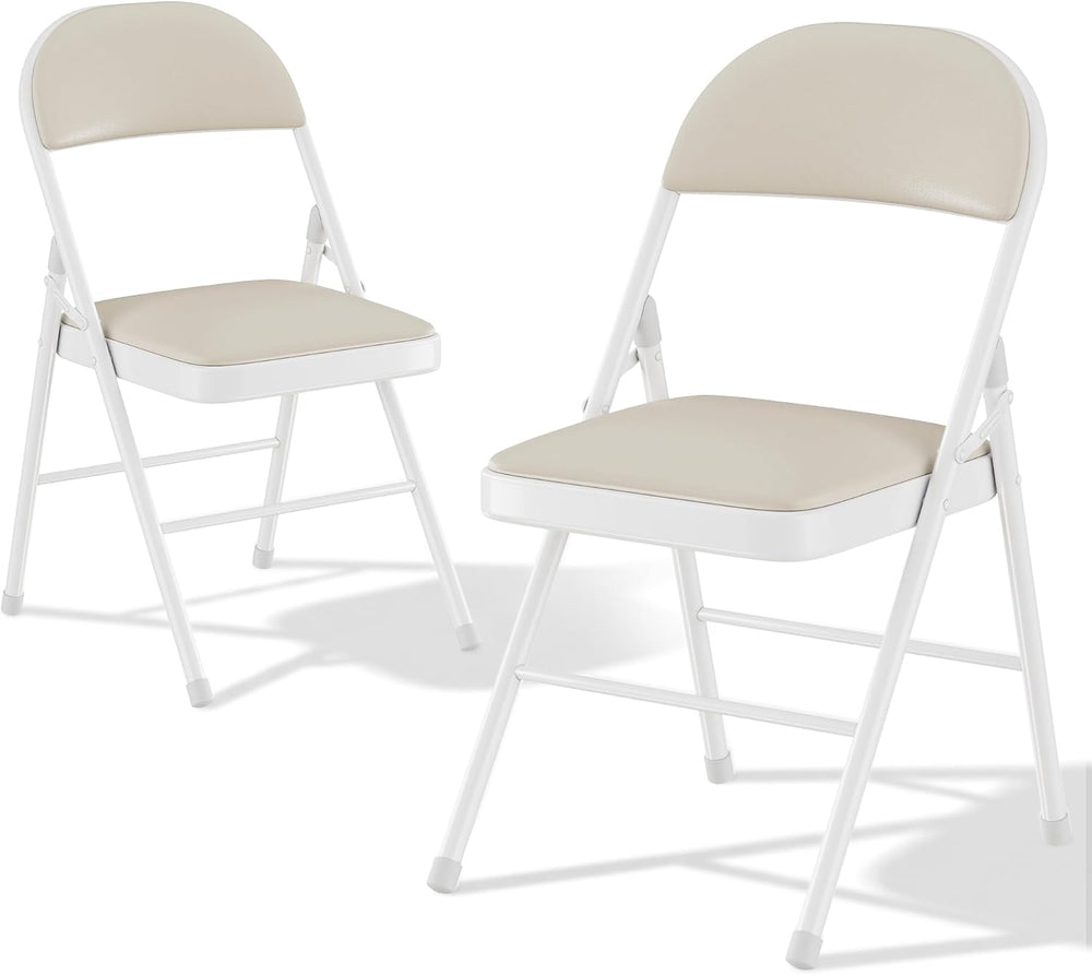 VECELO Folding Chairs Set of 2, Faux Leather Padded, Beige | Folding chairs w...