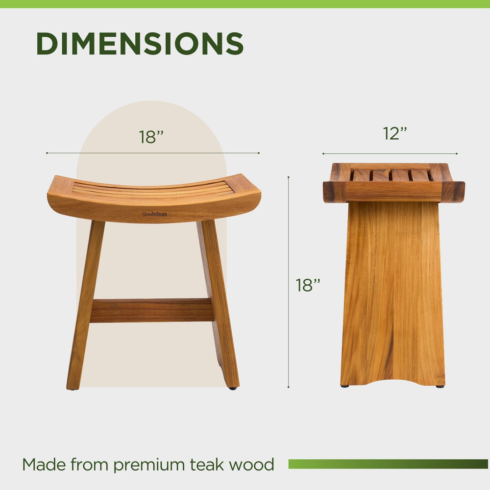Premium 18" Teak Shower Stool, Non-Slip Safety, 1-Tier Curved