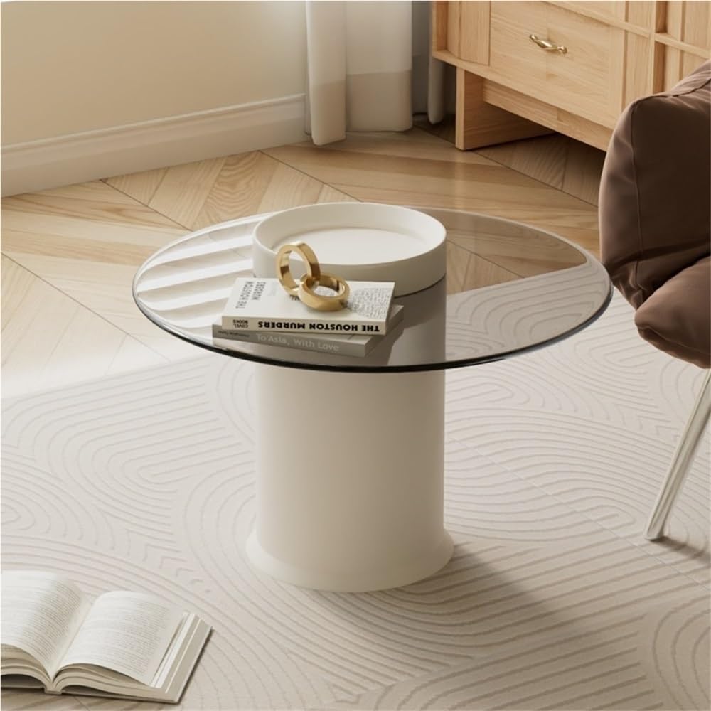 Modern Round Coffee Table with Tempered Glass Top, Small Metal Accent End Tab...