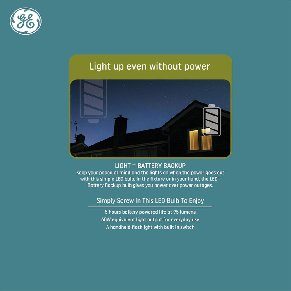 GE LED+ Backup Battery LED Light Bulbs, A21 Rechargeable Light Bulbs for Powe...