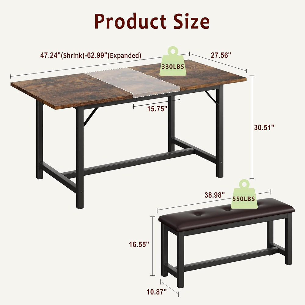IDEALHOUSE 3 Piece Dining Table Set for 4-6, 63" Extendable Thick Metal ...