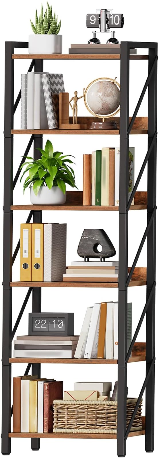 HOOBRO Bookshelf, 6-Tier Industrial Bookcase, Book Shelf Storage Organizer, T...