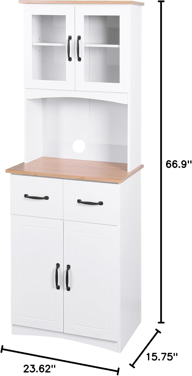 White Wooden Kitchen Pantry Cabinet with Glass Doors & Drawers – 66.9&quo...
