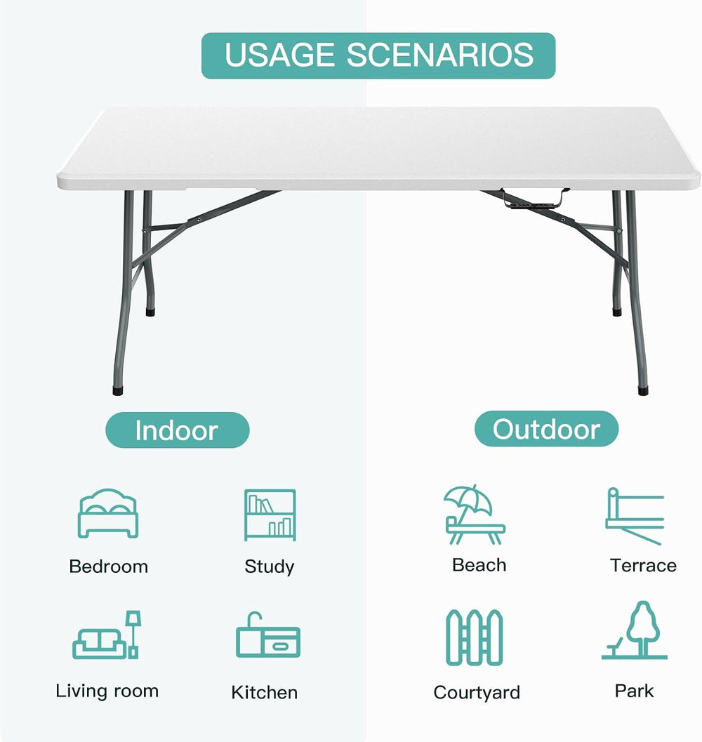 6 ft HDPE Folding Table with Anti-Arch Lock, Carry Handle, 330 lb Capacity