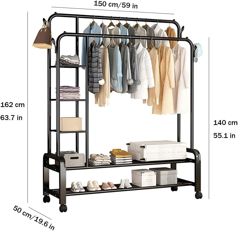 Double Rail Wardrobe nizer - 2-Tier Stora Shelf with 4 Hoo & Wheels - Ver...
