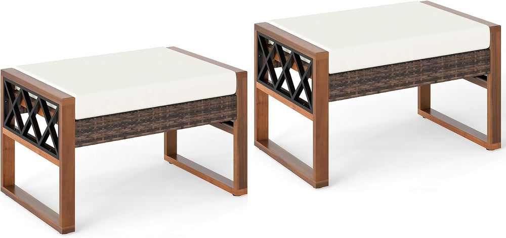 RELAX4LIFE Wicker Outdoor Ottomans for Patio - Set of 2 Rattan Outside Footst...