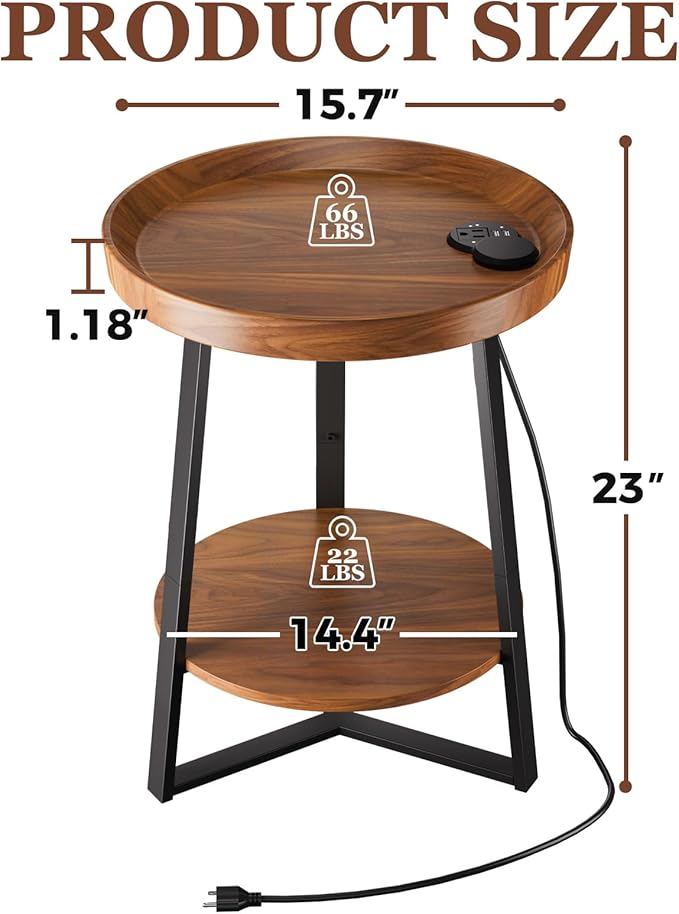 Gadroad Round End Table with Charging Station, USB Ports, Wood Tabletop &...