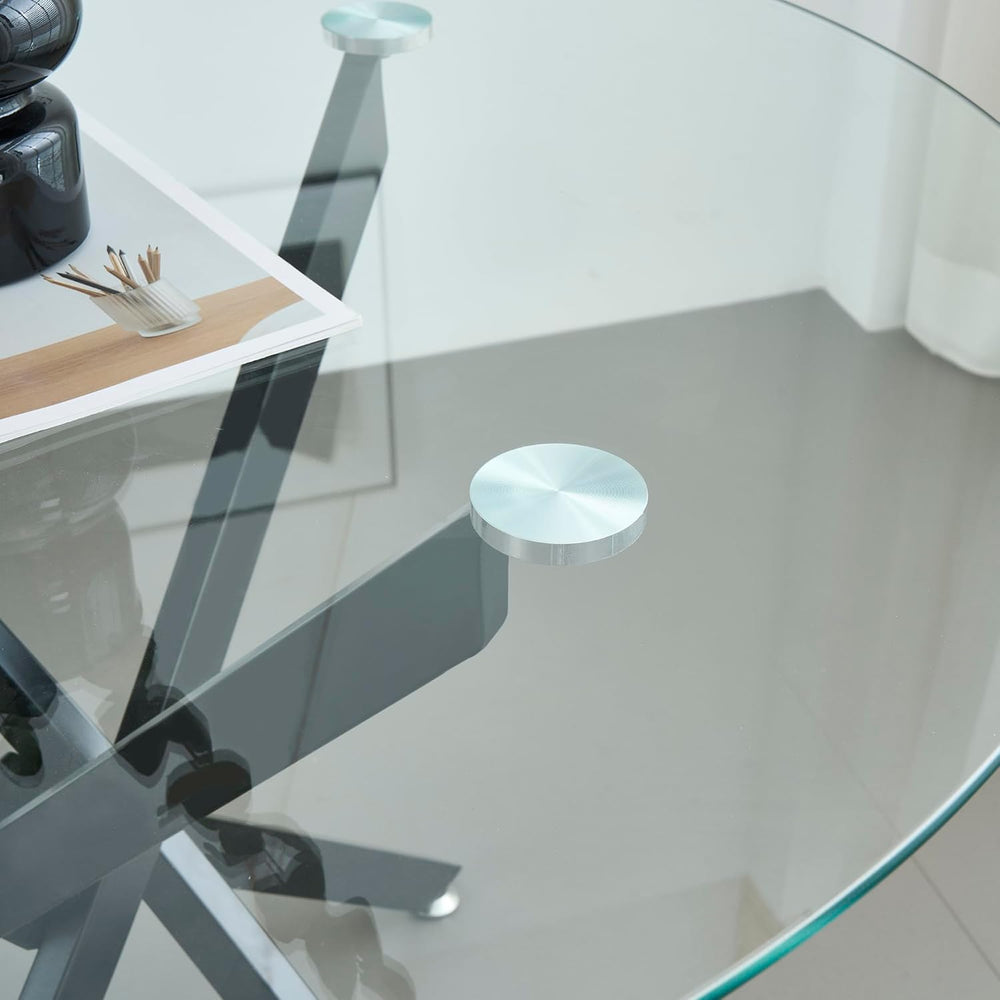 Modern Glass Dining Table Round Dining Room Table with Tempered Glass Top, Bl...