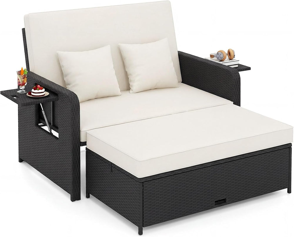 COSTWAY Patio Rattan Daybed with Cushions, Outdoor Wicker Loveseat Sofa with ...