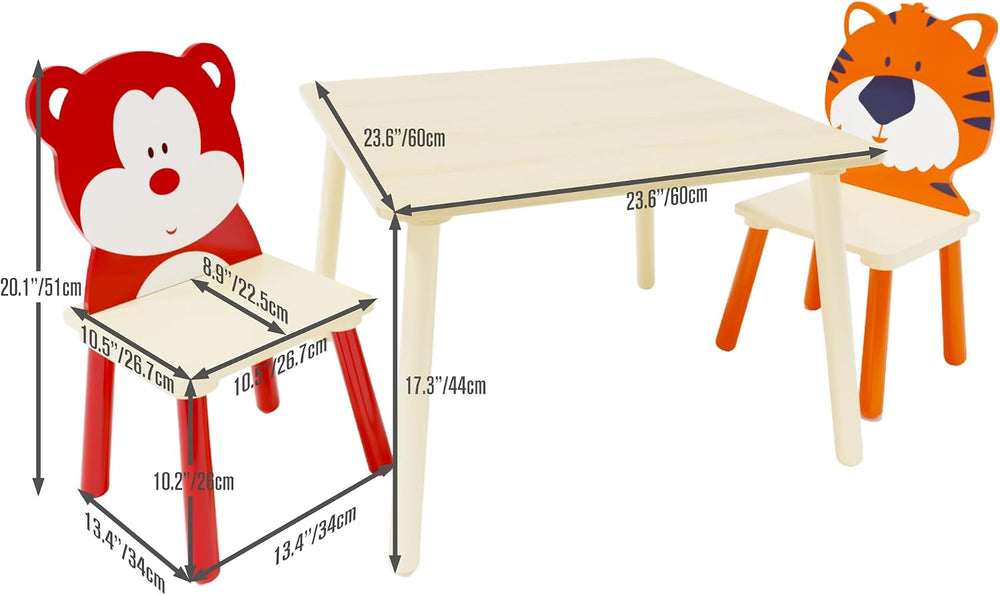 3 Pieces Table and Chair Set, Tiger & Bear Pattern Activity Play Set with...