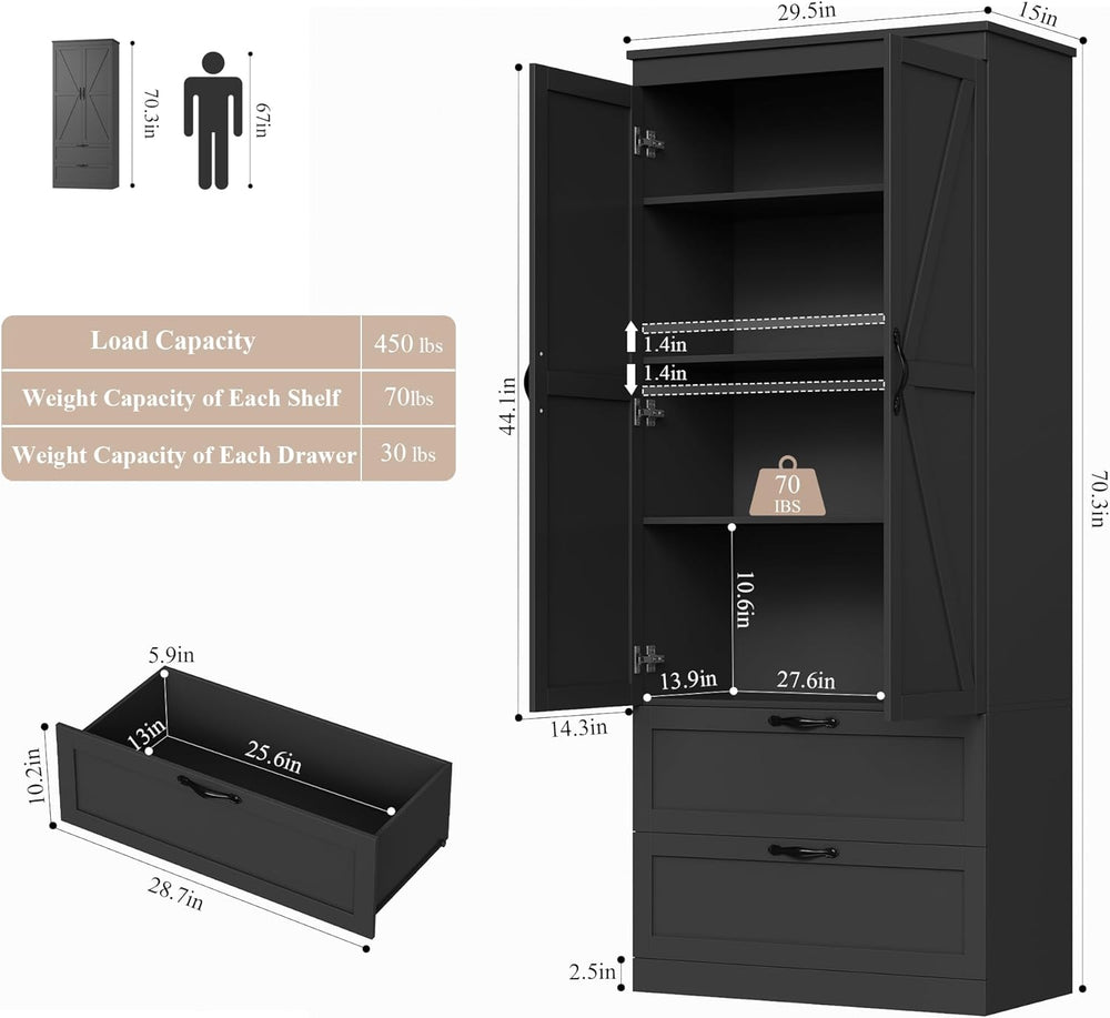 HOSTACK 70" Tall Kitchen Pantry Storage, Barn Doors Pantry Cabinet with ...