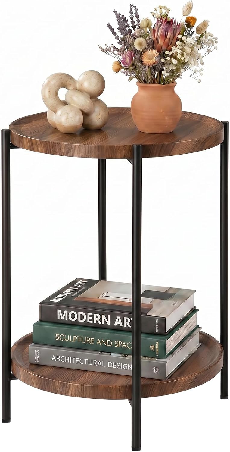 TeoKJ 2 Tier Small Side Table, Folding Round Metal End Table with Two Removab...