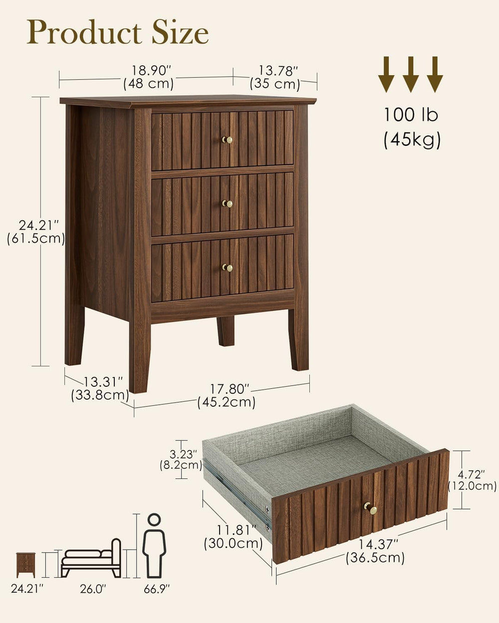 Night Stand, Fluted Nightstand Bedside Tall Farmhouse Nightstand with 3 Drawe...