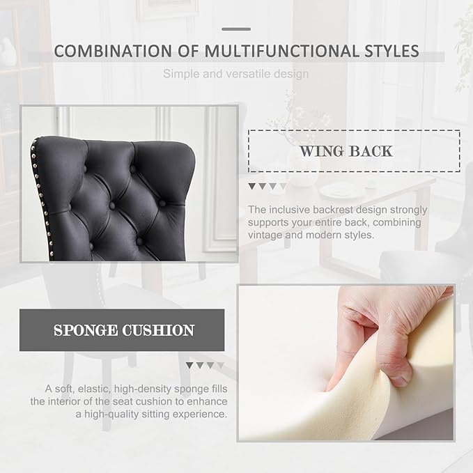 Leather Dining Chair Set of 4, Dining Room Chairs with Nailhead Ring Pull Tri...
