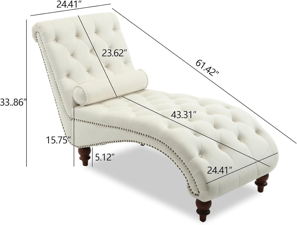 Velvet Tufted Chaise Lounge, Upholstered Sofa Chair with Wood Legs Beige