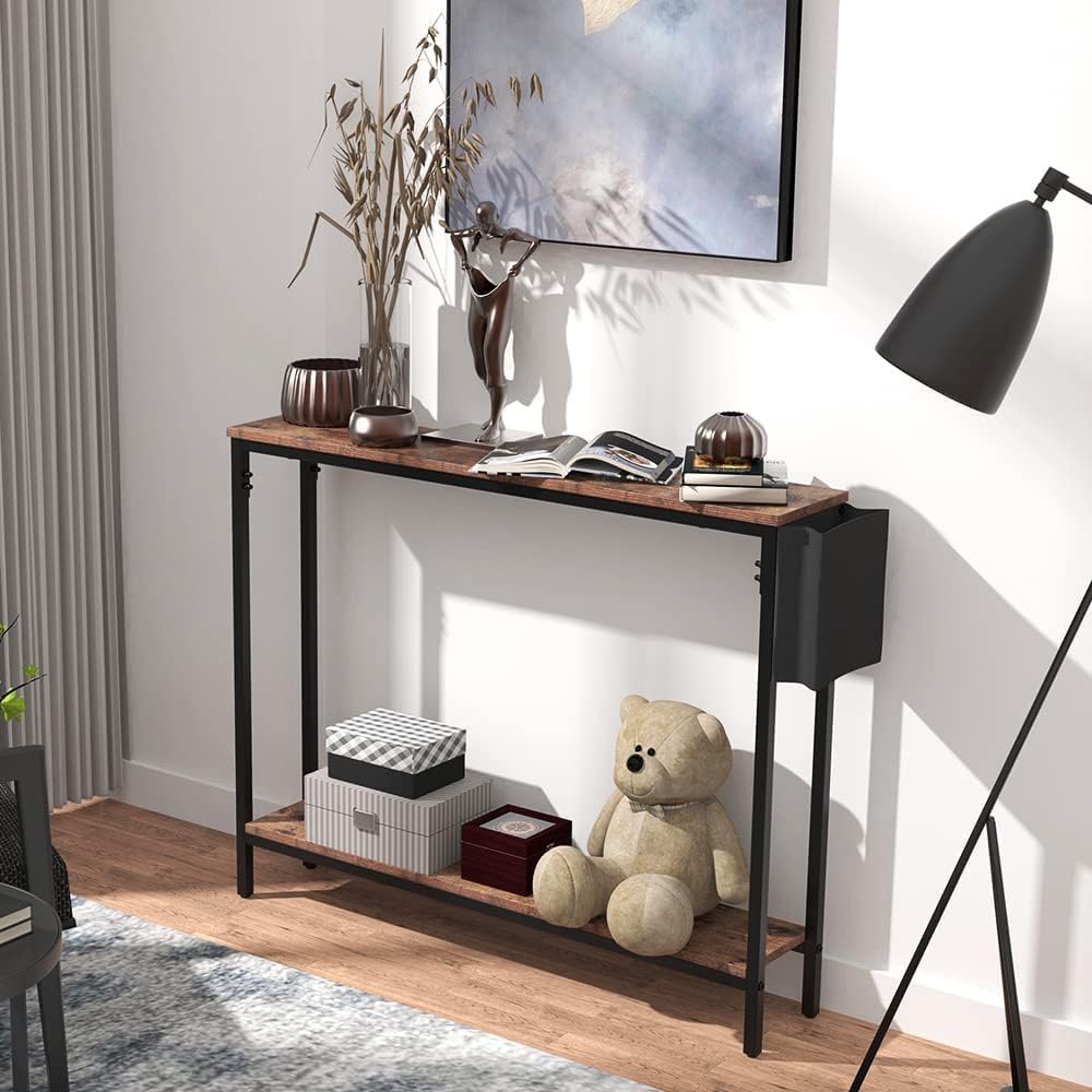 Bigbiglife 39.4" Console Entryway Table, 2-Tier Industrial Narrow Sofa T...