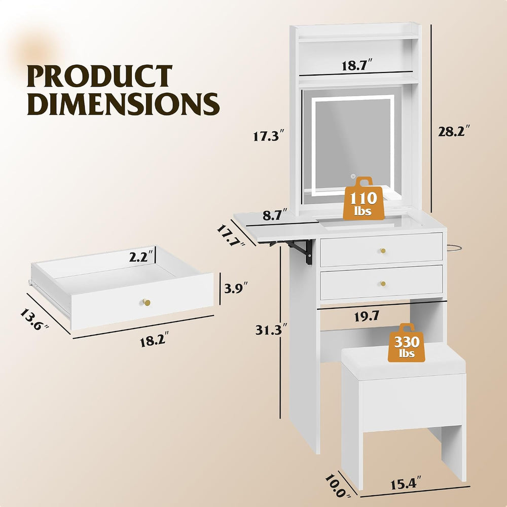 WLIVE Small White Vanity Desk with Mirror and Adjustable Lights for Girls | C...