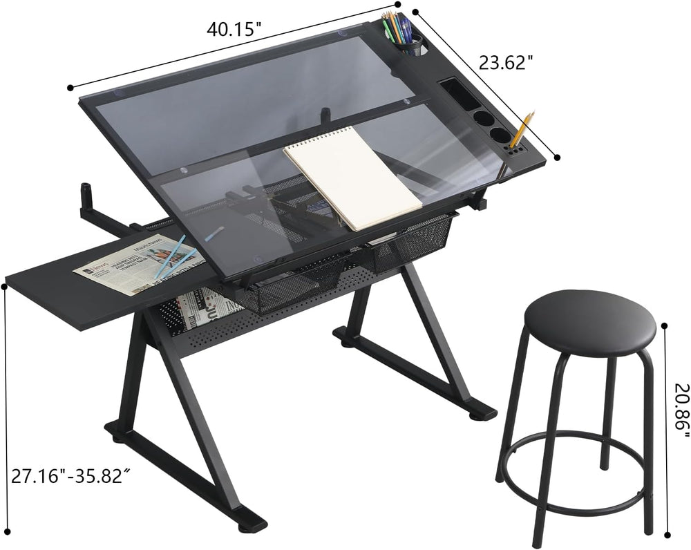 Black Drafting Table Desk w/Stool, Painting Table Art Craft Desk Crafting Tab...