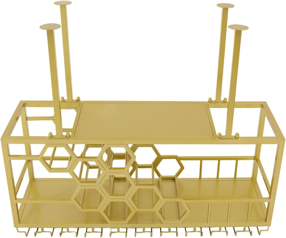 39" Ceiling Wine Rack Gold, Metal Hanging Bottle Rack with Guardrail | H...