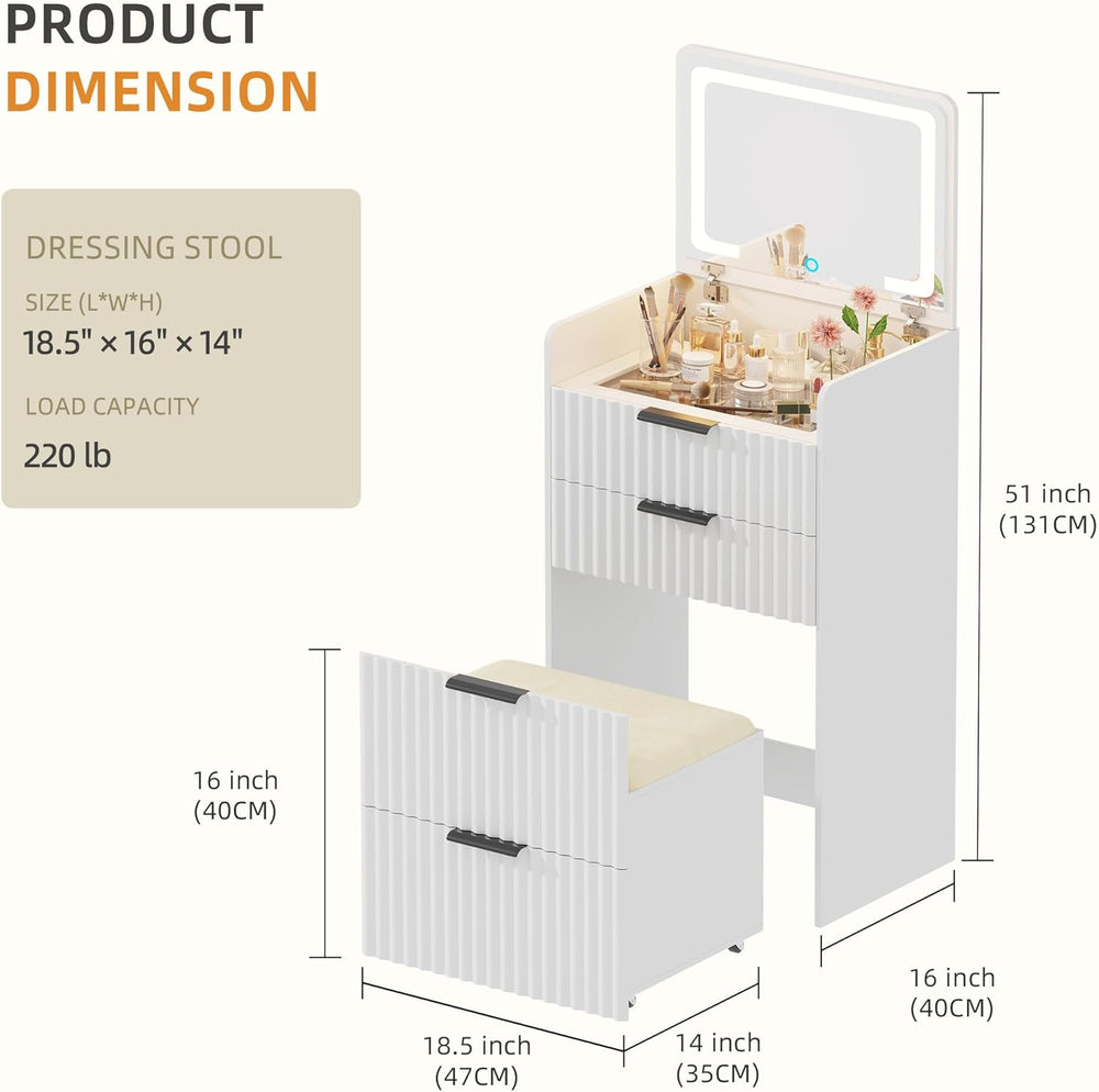 Small Vanity Desk with Mirror and Lights, 3-in-1 Compact Vanity Table | Chair...