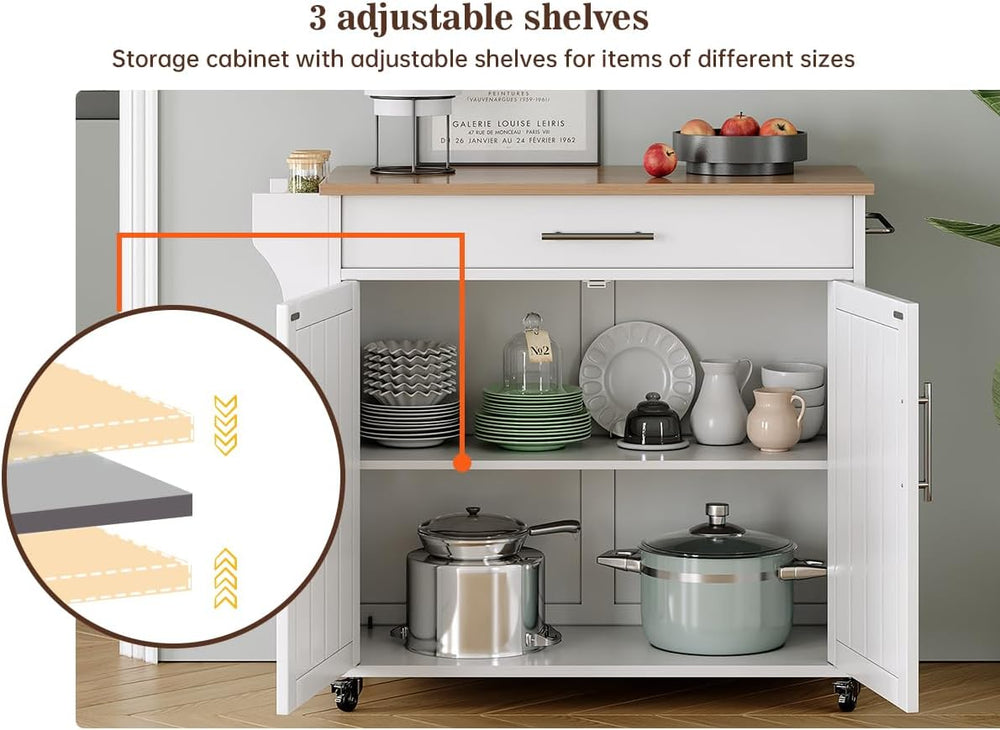 Kitchen Storage Island, Wooden Rolling Kitchen Island On Wheels with Countert...