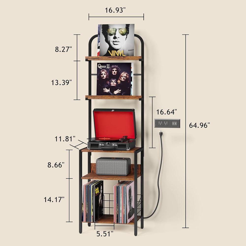Record Player Stand with Power Outlet, Turntable Stand with 2-Tier Vinyl Reco...