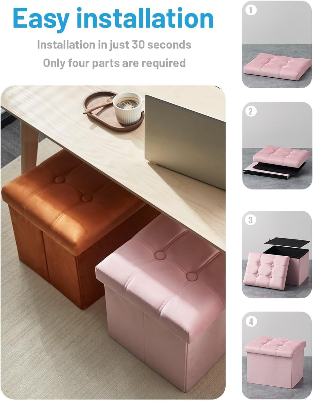 AmasSmile 2PC Storage Ottoman Foot Rest Stool, 17 inch Velvet Footstool Bench...