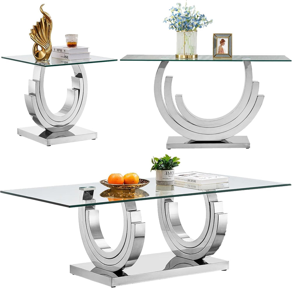 3 Piece Living Room Table Set, Rectangle Tempered Glass Coffee Table, End Tab...