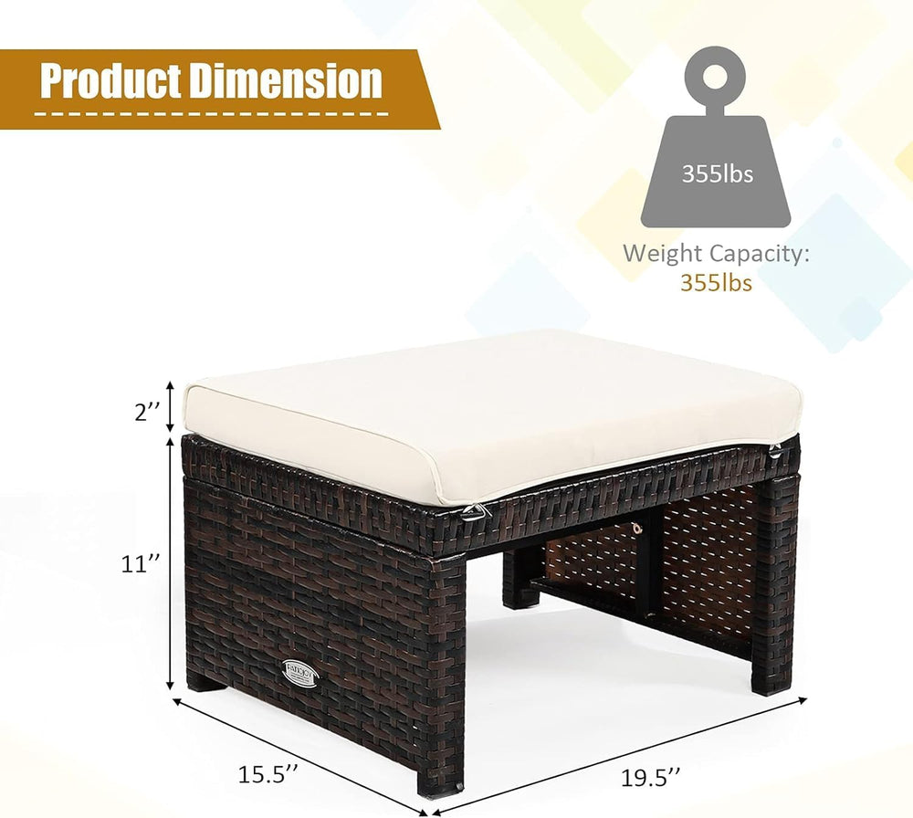2-Piece Wicker Ottomans, Outdoor Rattan Foot Rest Set of 2 w/Removable Cushio...