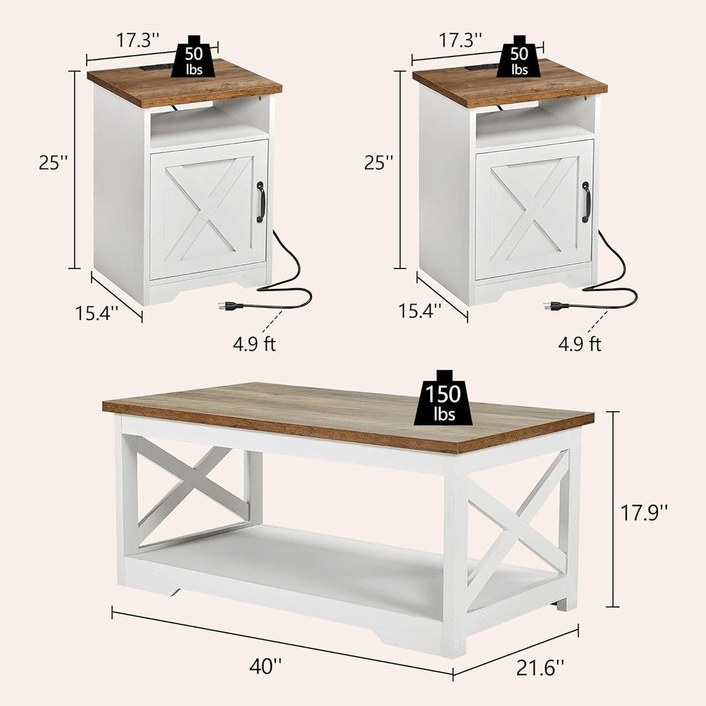 LUXOAK 3 Piece Living Room Table Set with Barn Door, Distressed White | Inclu...
