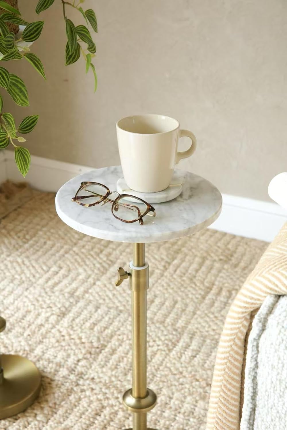 Adjustable 10" White Marble Drink Table with 2 Coasters, Antique Brass ...