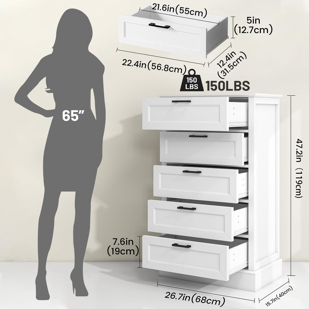 ZLWJGY White Dresser for Bedroom, Wood Dresser with 5 Drawers, Chest of Drawe...