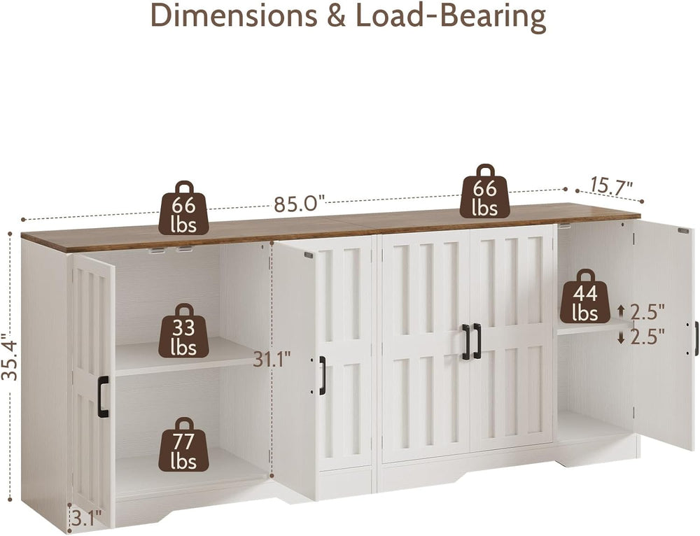 Modern Farmhouse Buffet Cabinet with Storage, 85" Large Sideboard Storag...