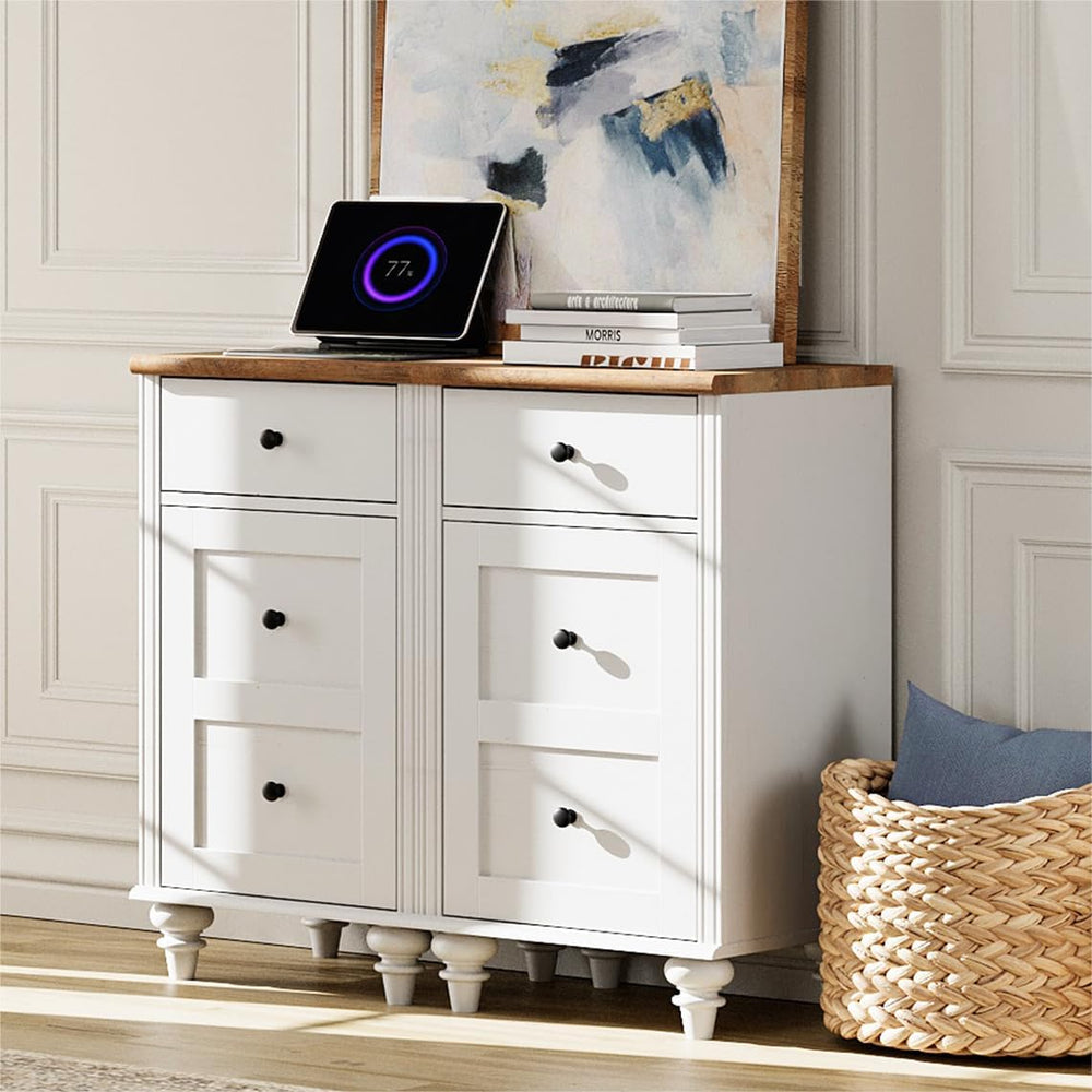 WAMPAT White End Table with Charging Station, Nightstand with Power Outlets &...