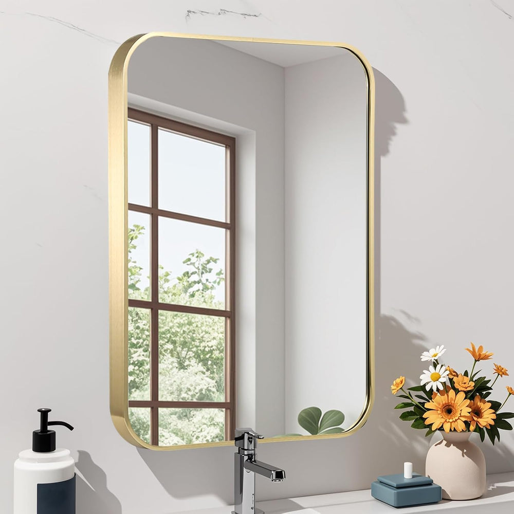 22x30 Inch Gold Bathroom Mirror, Brushed Brass Gold Metal Framed Rectangular ...