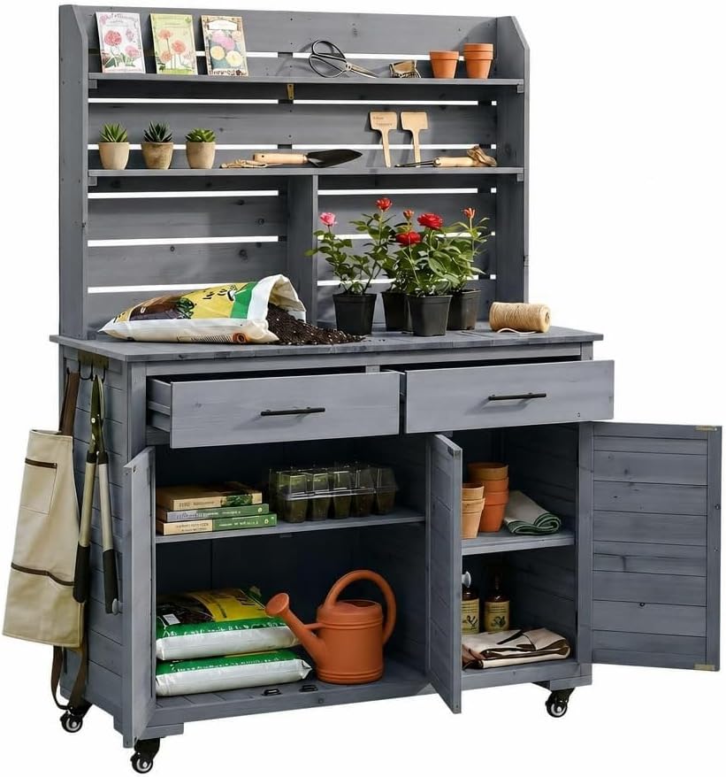 Large Outdoor Garden Potting Bench with Lockable Wheels Storage Cabinet Outdo...