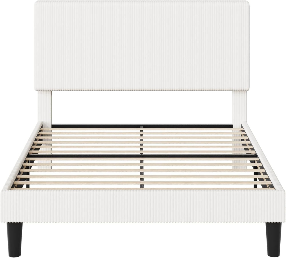 Allewie Queen Bed Frame, Corduroy Tufted Headboard, White