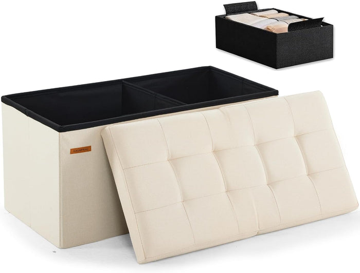 HAUSFRAU Ottoman with Storage Bench Folding Foot Rest Stool Linen Beige