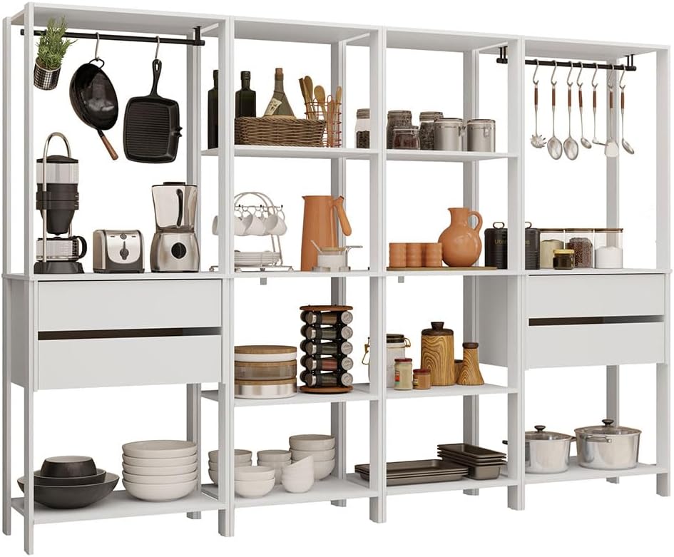 Madesa Kitchen Pantry Storage Rack with 4 Drawers, Open Shelves and Hanging S...