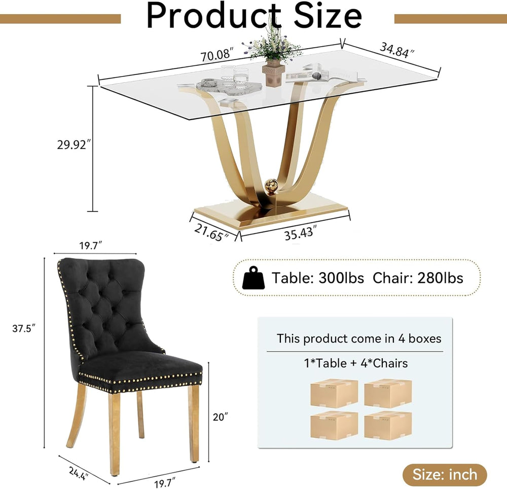 HomVent 70'' Glass Dining Table Set for 4, Modern Rectangle Kitchen T...