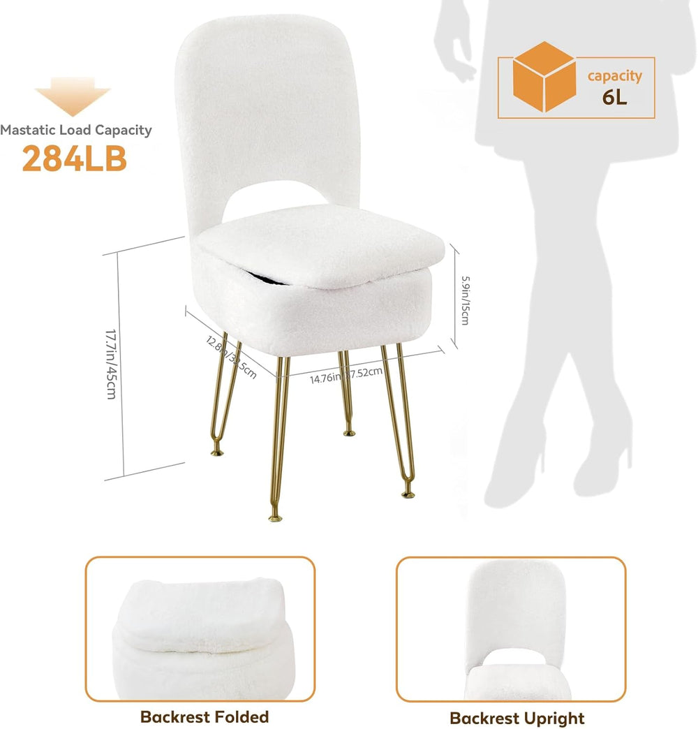 BRIAN & DANY Vanity Chair with Storage and Folding Back, Faux Fur Square ...