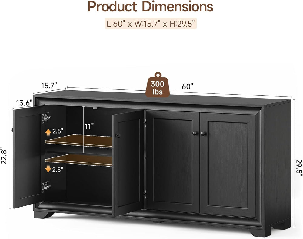 ONBRILL 60" Buffet Cabinet with Storage, 4 Doors Sideboard Buffet Cabine...